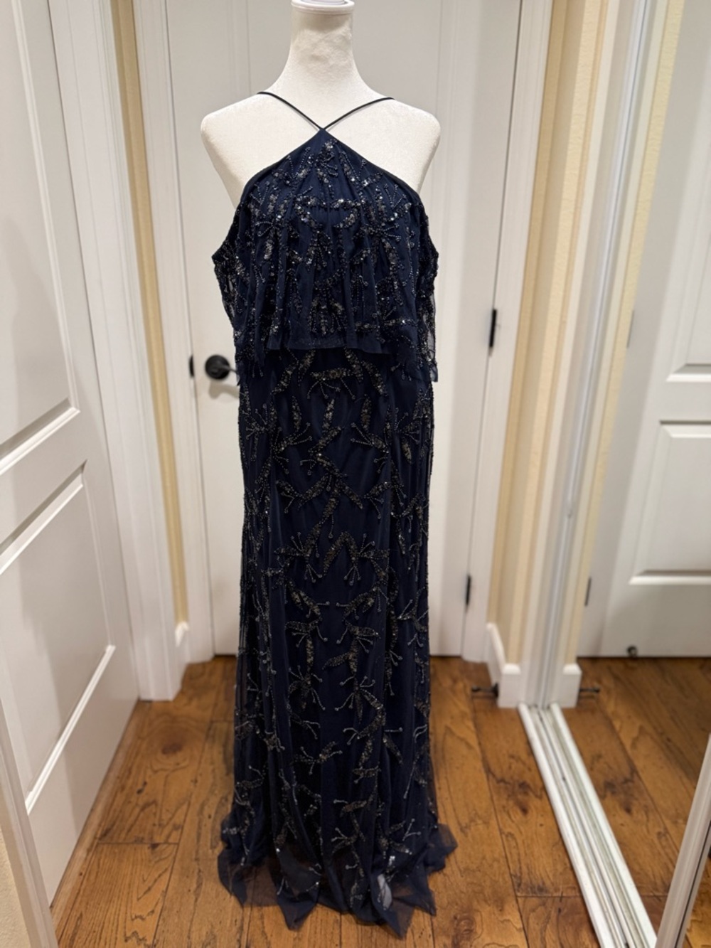 Aidan Mattox Navy Evening Gown with Beaded Detail